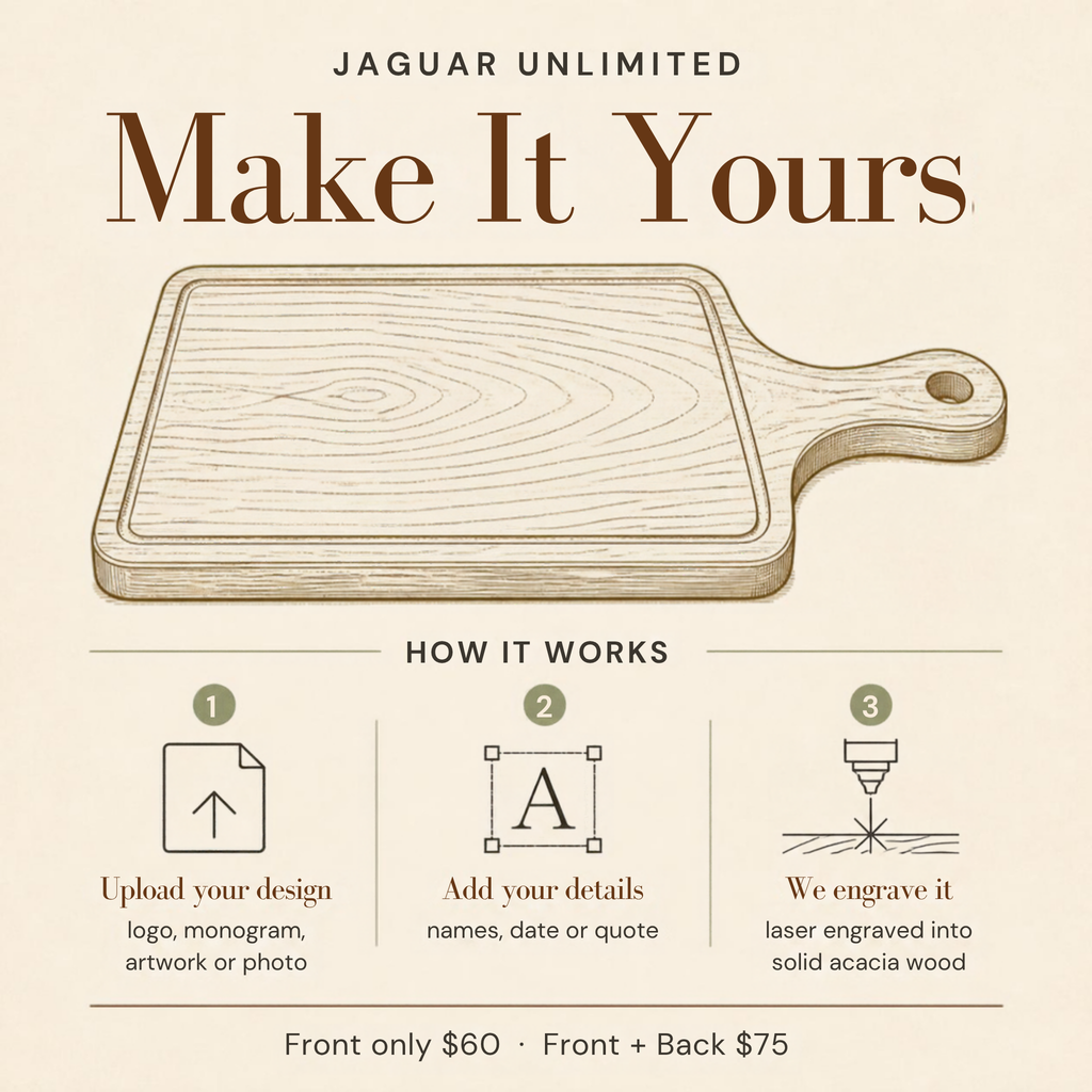 How to personalize your cutting board: upload your design, add your details, and we laser engrave it